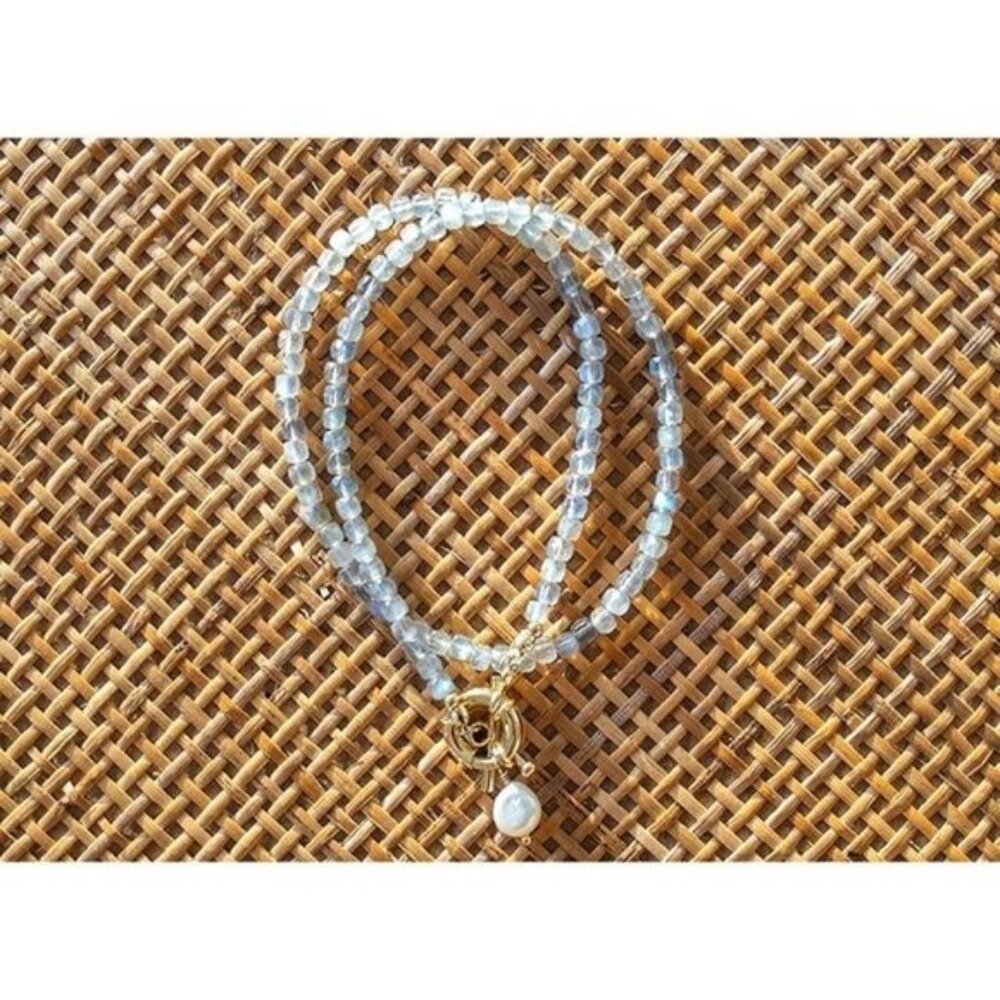 Labradorite Beaded Necklace Gold Toggle Clasp Pearl Pendant Waterproof Jewelry - Picture 11 of 13